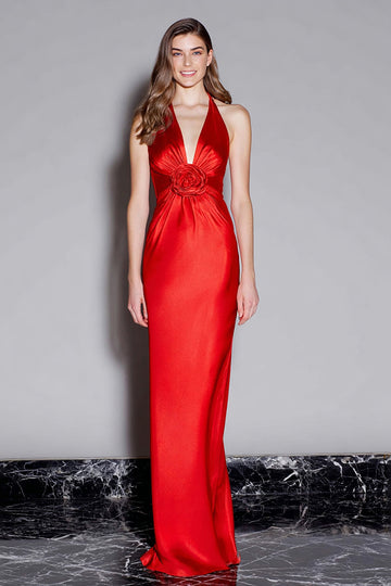 Red Sheath Halter Satin Long Formal Dress with 3D Flower